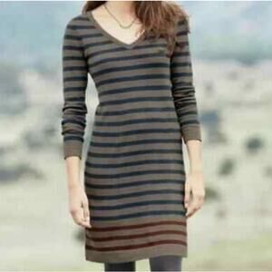 Peruvian Connection Women Pomata Sweater Dress M Brown Stripe Pima Cotton V Neck